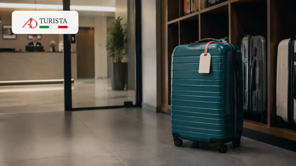 Valigia custodita nel deposito bagagli di un hotel